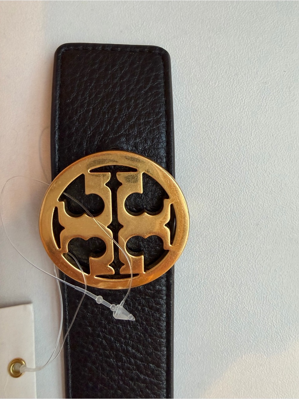 Tory Burch Black Leather Belt with Gold Logo Medallion